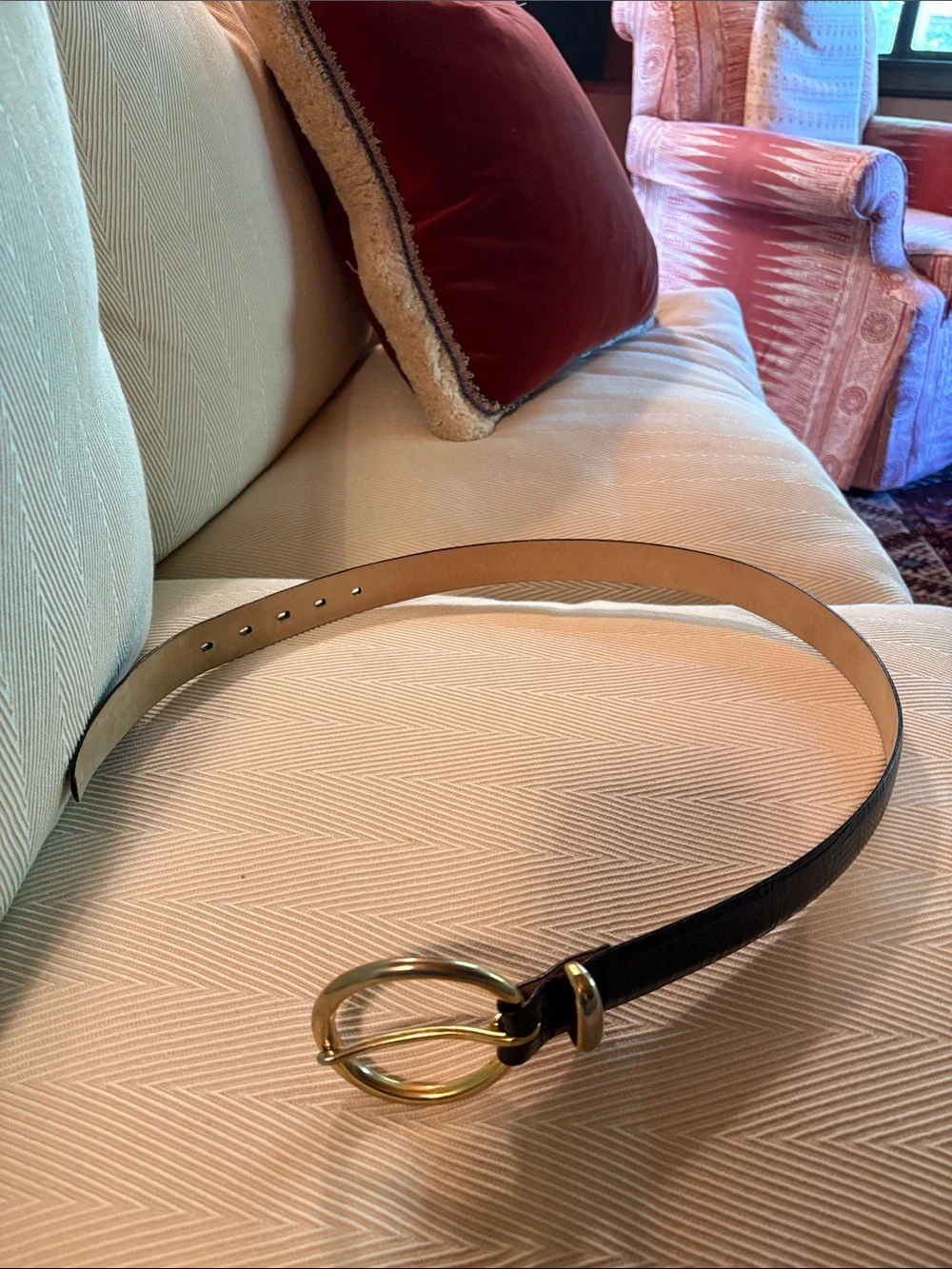 Ellen Tracy Black Leather Belt with Gold Oval Buckle